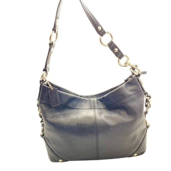 COACH Y2K  Carly Black Leather Hobo Shoulder Bag w Silver Chain & Purple Lining - Picture 2 of 11